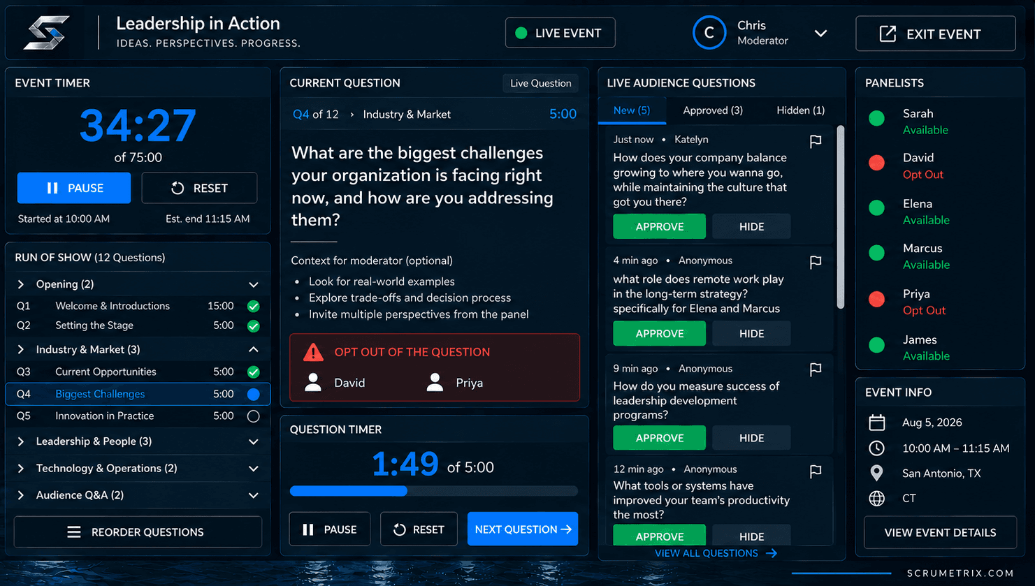 Scrumetrix software interface on a live operations screen